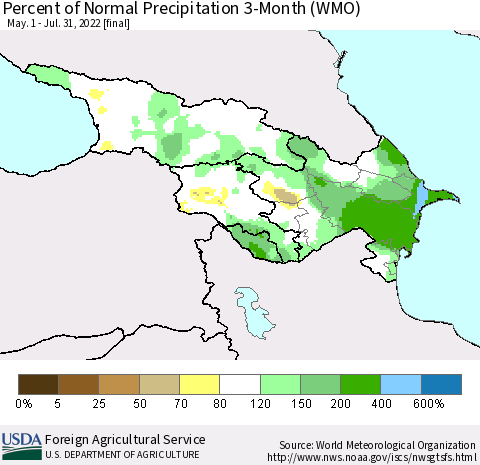 Azerbaijan, Armenia and Georgia Percent of Normal Precipitation 3-Month (WMO) Thematic Map For 5/1/2022 - 7/31/2022