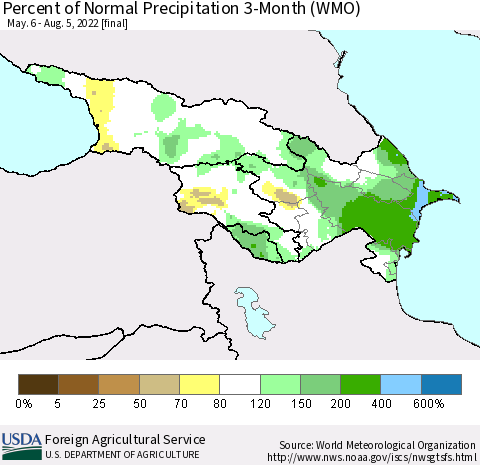 Azerbaijan, Armenia and Georgia Percent of Normal Precipitation 3-Month (WMO) Thematic Map For 5/6/2022 - 8/5/2022