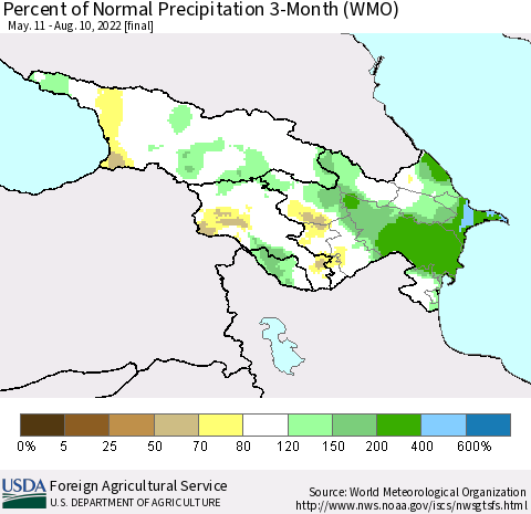 Azerbaijan, Armenia and Georgia Percent of Normal Precipitation 3-Month (WMO) Thematic Map For 5/11/2022 - 8/10/2022