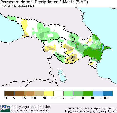 Azerbaijan, Armenia and Georgia Percent of Normal Precipitation 3-Month (WMO) Thematic Map For 5/16/2022 - 8/15/2022
