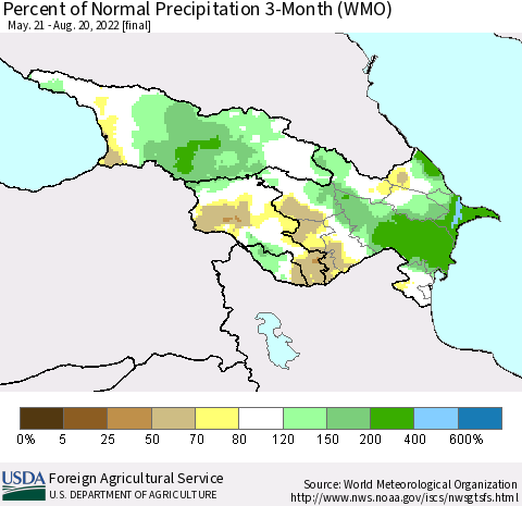 Azerbaijan, Armenia and Georgia Percent of Normal Precipitation 3-Month (WMO) Thematic Map For 5/21/2022 - 8/20/2022