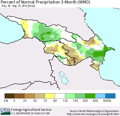 Azerbaijan, Armenia and Georgia Percent of Normal Precipitation 3-Month (WMO) Thematic Map For 5/26/2022 - 8/25/2022