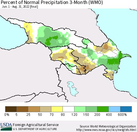Azerbaijan, Armenia and Georgia Percent of Normal Precipitation 3-Month (WMO) Thematic Map For 6/1/2022 - 8/31/2022