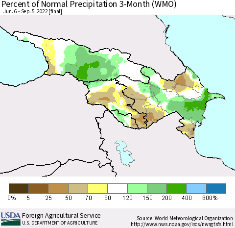 Azerbaijan, Armenia and Georgia Percent of Normal Precipitation 3-Month (WMO) Thematic Map For 6/6/2022 - 9/5/2022