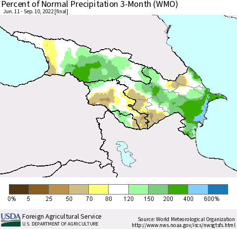 Azerbaijan, Armenia and Georgia Percent of Normal Precipitation 3-Month (WMO) Thematic Map For 6/11/2022 - 9/10/2022