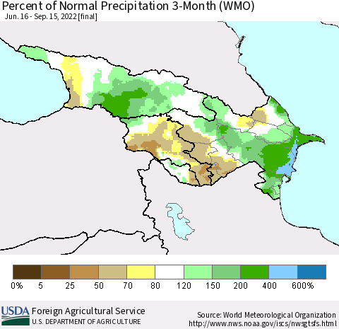 Azerbaijan, Armenia and Georgia Percent of Normal Precipitation 3-Month (WMO) Thematic Map For 6/16/2022 - 9/15/2022