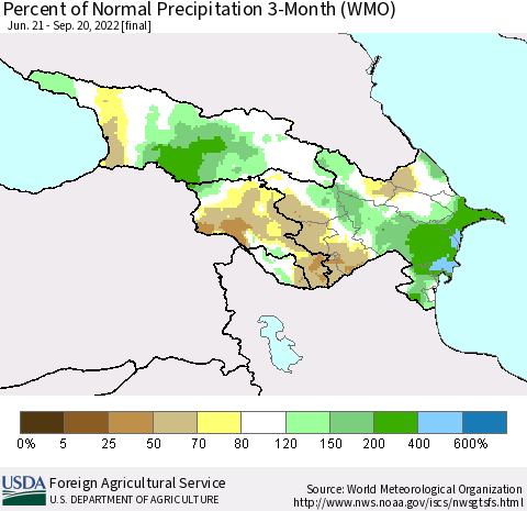 Azerbaijan, Armenia and Georgia Percent of Normal Precipitation 3-Month (WMO) Thematic Map For 6/21/2022 - 9/20/2022
