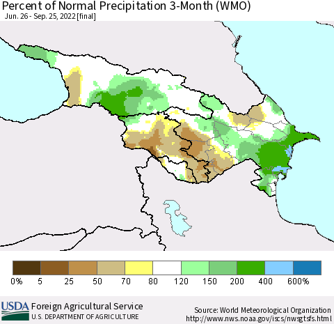 Azerbaijan, Armenia and Georgia Percent of Normal Precipitation 3-Month (WMO) Thematic Map For 6/26/2022 - 9/25/2022