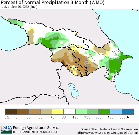 Azerbaijan, Armenia and Georgia Percent of Normal Precipitation 3-Month (WMO) Thematic Map For 7/1/2022 - 9/30/2022