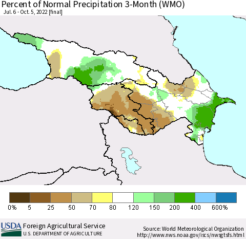Azerbaijan, Armenia and Georgia Percent of Normal Precipitation 3-Month (WMO) Thematic Map For 7/6/2022 - 10/5/2022