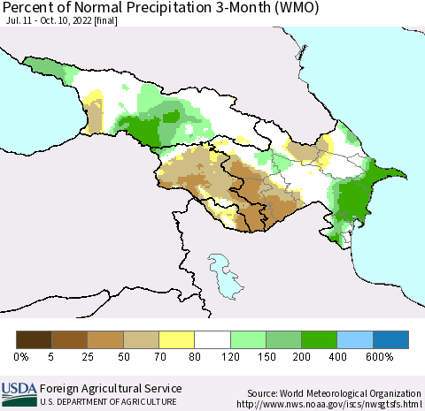 Azerbaijan, Armenia and Georgia Percent of Normal Precipitation 3-Month (WMO) Thematic Map For 7/11/2022 - 10/10/2022