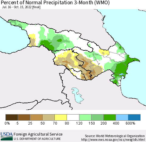 Azerbaijan, Armenia and Georgia Percent of Normal Precipitation 3-Month (WMO) Thematic Map For 7/16/2022 - 10/15/2022