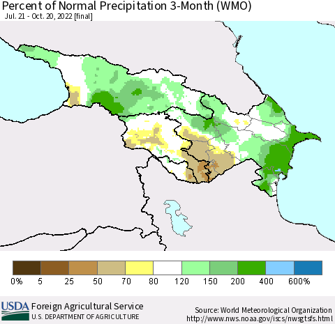 Azerbaijan, Armenia and Georgia Percent of Normal Precipitation 3-Month (WMO) Thematic Map For 7/21/2022 - 10/20/2022
