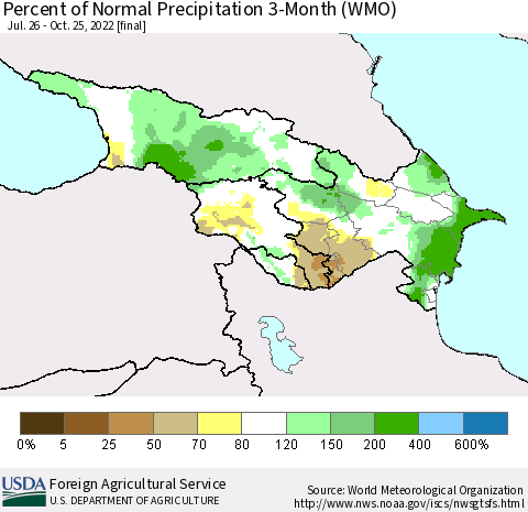 Azerbaijan, Armenia and Georgia Percent of Normal Precipitation 3-Month (WMO) Thematic Map For 7/26/2022 - 10/25/2022