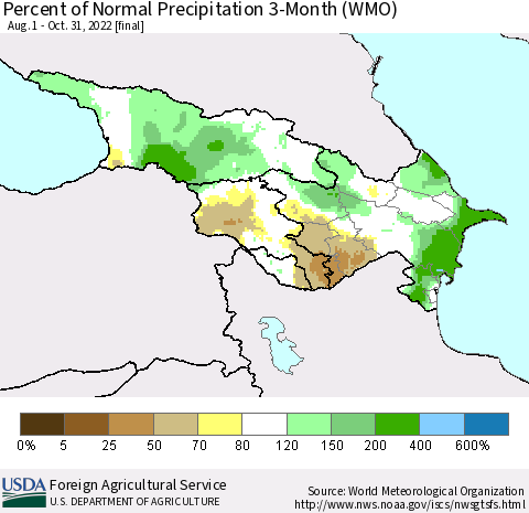 Azerbaijan, Armenia and Georgia Percent of Normal Precipitation 3-Month (WMO) Thematic Map For 8/1/2022 - 10/31/2022