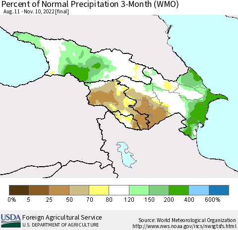 Azerbaijan, Armenia and Georgia Percent of Normal Precipitation 3-Month (WMO) Thematic Map For 8/11/2022 - 11/10/2022