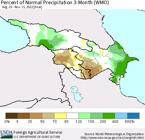 Azerbaijan, Armenia and Georgia Percent of Normal Precipitation 3-Month (WMO) Thematic Map For 8/16/2022 - 11/15/2022