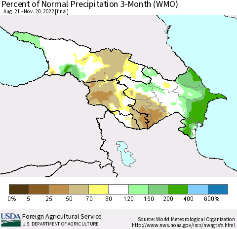 Azerbaijan, Armenia and Georgia Percent of Normal Precipitation 3-Month (WMO) Thematic Map For 8/21/2022 - 11/20/2022