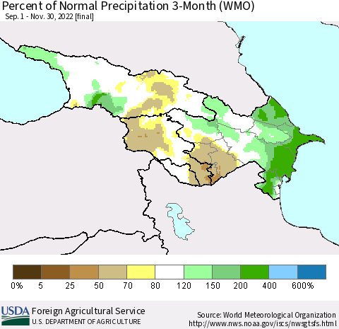 Azerbaijan, Armenia and Georgia Percent of Normal Precipitation 3-Month (WMO) Thematic Map For 9/1/2022 - 11/30/2022