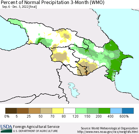 Azerbaijan, Armenia and Georgia Percent of Normal Precipitation 3-Month (WMO) Thematic Map For 9/6/2022 - 12/5/2022