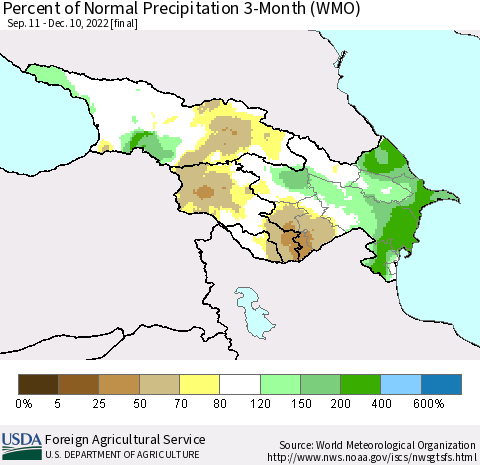 Azerbaijan, Armenia and Georgia Percent of Normal Precipitation 3-Month (WMO) Thematic Map For 9/11/2022 - 12/10/2022