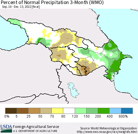 Azerbaijan, Armenia and Georgia Percent of Normal Precipitation 3-Month (WMO) Thematic Map For 9/16/2022 - 12/15/2022