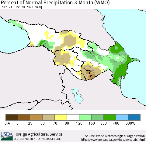 Azerbaijan, Armenia and Georgia Percent of Normal Precipitation 3-Month (WMO) Thematic Map For 9/21/2022 - 12/20/2022