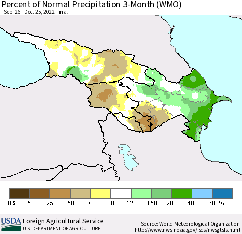 Azerbaijan, Armenia and Georgia Percent of Normal Precipitation 3-Month (WMO) Thematic Map For 9/26/2022 - 12/25/2022