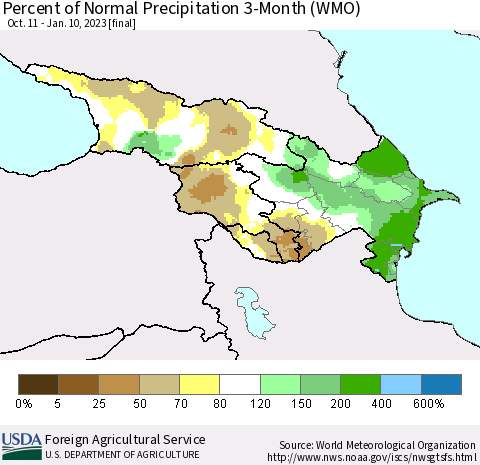 Azerbaijan, Armenia and Georgia Percent of Normal Precipitation 3-Month (WMO) Thematic Map For 10/11/2022 - 1/10/2023