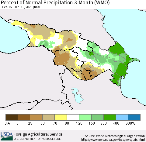 Azerbaijan, Armenia and Georgia Percent of Normal Precipitation 3-Month (WMO) Thematic Map For 10/16/2022 - 1/15/2023