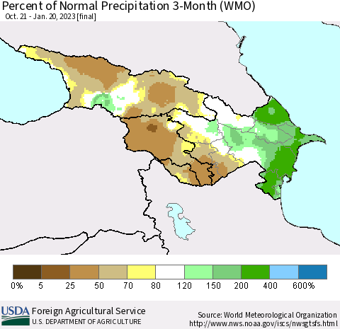 Azerbaijan, Armenia and Georgia Percent of Normal Precipitation 3-Month (WMO) Thematic Map For 10/21/2022 - 1/20/2023