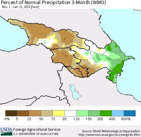 Azerbaijan, Armenia and Georgia Percent of Normal Precipitation 3-Month (WMO) Thematic Map For 11/1/2022 - 1/31/2023