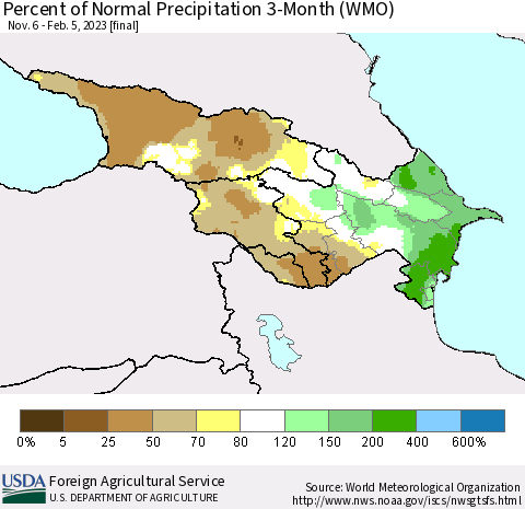 Azerbaijan, Armenia and Georgia Percent of Normal Precipitation 3-Month (WMO) Thematic Map For 11/6/2022 - 2/5/2023