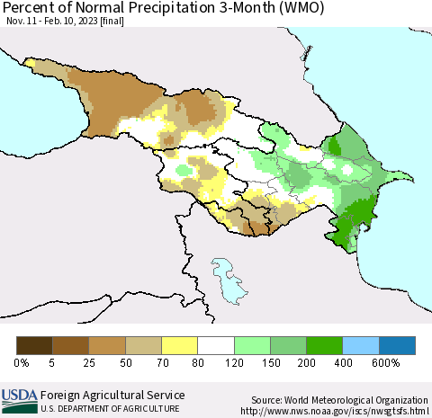 Azerbaijan, Armenia and Georgia Percent of Normal Precipitation 3-Month (WMO) Thematic Map For 11/11/2022 - 2/10/2023