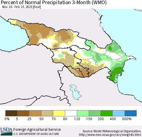 Azerbaijan, Armenia and Georgia Percent of Normal Precipitation 3-Month (WMO) Thematic Map For 11/16/2022 - 2/15/2023