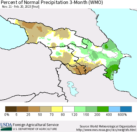 Azerbaijan, Armenia and Georgia Percent of Normal Precipitation 3-Month (WMO) Thematic Map For 11/21/2022 - 2/20/2023