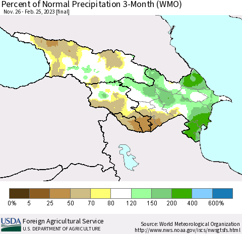 Azerbaijan, Armenia and Georgia Percent of Normal Precipitation 3-Month (WMO) Thematic Map For 11/26/2022 - 2/25/2023