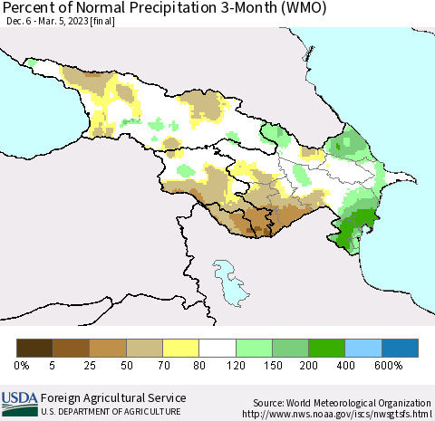 Azerbaijan, Armenia and Georgia Percent of Normal Precipitation 3-Month (WMO) Thematic Map For 12/6/2022 - 3/5/2023