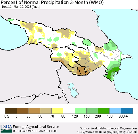 Azerbaijan, Armenia and Georgia Percent of Normal Precipitation 3-Month (WMO) Thematic Map For 12/11/2022 - 3/10/2023