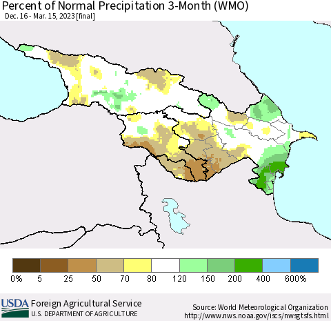 Azerbaijan, Armenia and Georgia Percent of Normal Precipitation 3-Month (WMO) Thematic Map For 12/16/2022 - 3/15/2023