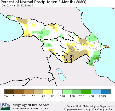 Azerbaijan, Armenia and Georgia Percent of Normal Precipitation 3-Month (WMO) Thematic Map For 12/21/2022 - 3/20/2023