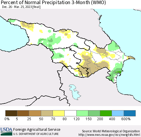 Azerbaijan, Armenia and Georgia Percent of Normal Precipitation 3-Month (WMO) Thematic Map For 12/26/2022 - 3/25/2023