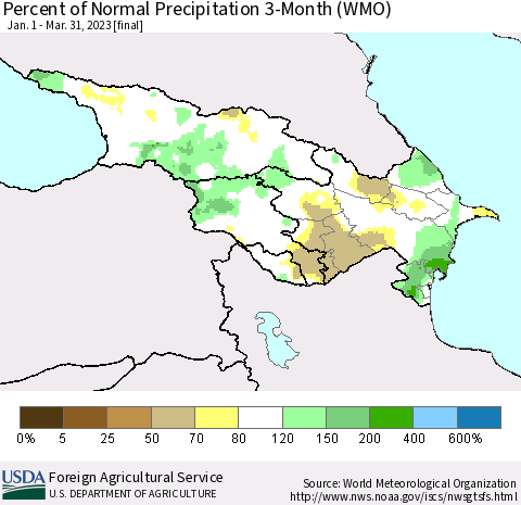 Azerbaijan, Armenia and Georgia Percent of Normal Precipitation 3-Month (WMO) Thematic Map For 1/1/2023 - 3/31/2023