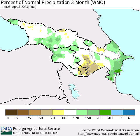 Azerbaijan, Armenia and Georgia Percent of Normal Precipitation 3-Month (WMO) Thematic Map For 1/6/2023 - 4/5/2023