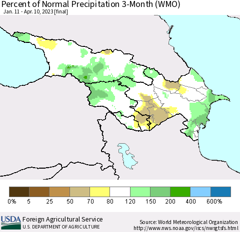 Azerbaijan, Armenia and Georgia Percent of Normal Precipitation 3-Month (WMO) Thematic Map For 1/11/2023 - 4/10/2023