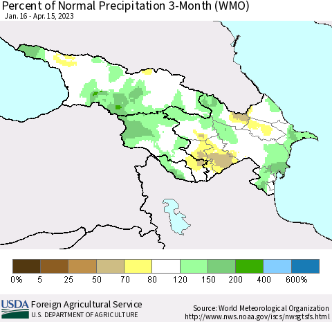 Azerbaijan, Armenia and Georgia Percent of Normal Precipitation 3-Month (WMO) Thematic Map For 1/16/2023 - 4/15/2023