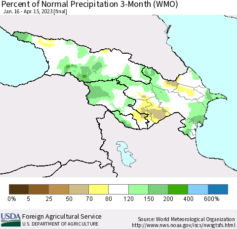 Azerbaijan, Armenia and Georgia Percent of Normal Precipitation 3-Month (WMO) Thematic Map For 1/16/2023 - 4/15/2023