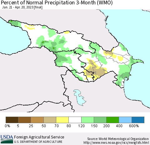 Azerbaijan, Armenia and Georgia Percent of Normal Precipitation 3-Month (WMO) Thematic Map For 1/21/2023 - 4/20/2023