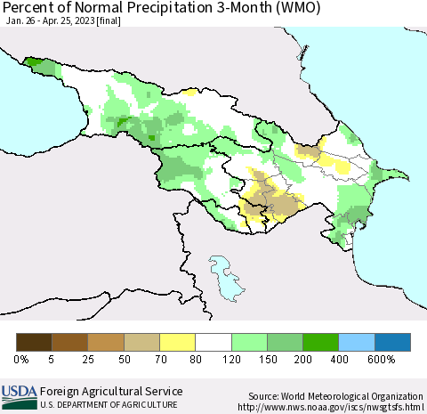 Azerbaijan, Armenia and Georgia Percent of Normal Precipitation 3-Month (WMO) Thematic Map For 1/26/2023 - 4/25/2023