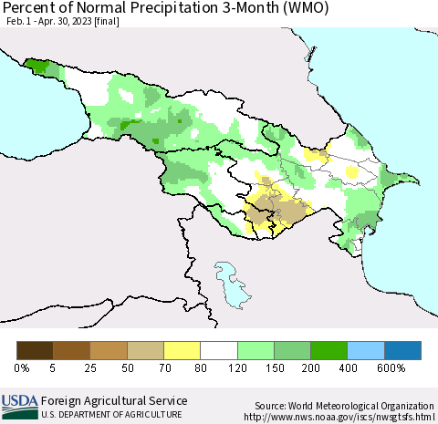 Azerbaijan, Armenia and Georgia Percent of Normal Precipitation 3-Month (WMO) Thematic Map For 2/1/2023 - 4/30/2023